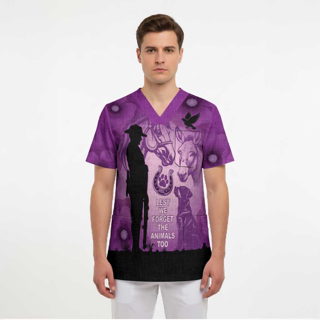 Australia Animals ANZAC Day Scrub Top Lest We Forget The Animals Too Purple Poppy