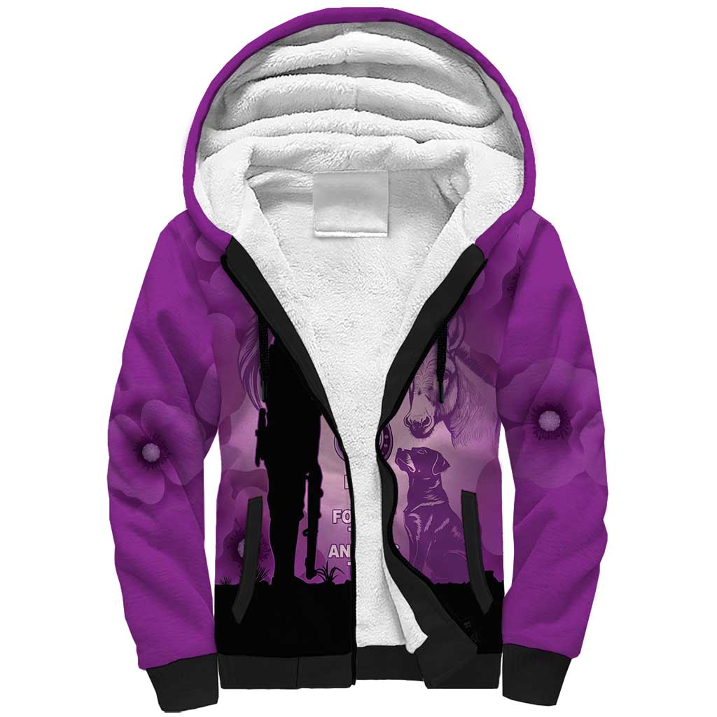 Australia Animals ANZAC Day Sherpa Hoodie Lest We Forget The Animals Too Purple Poppy