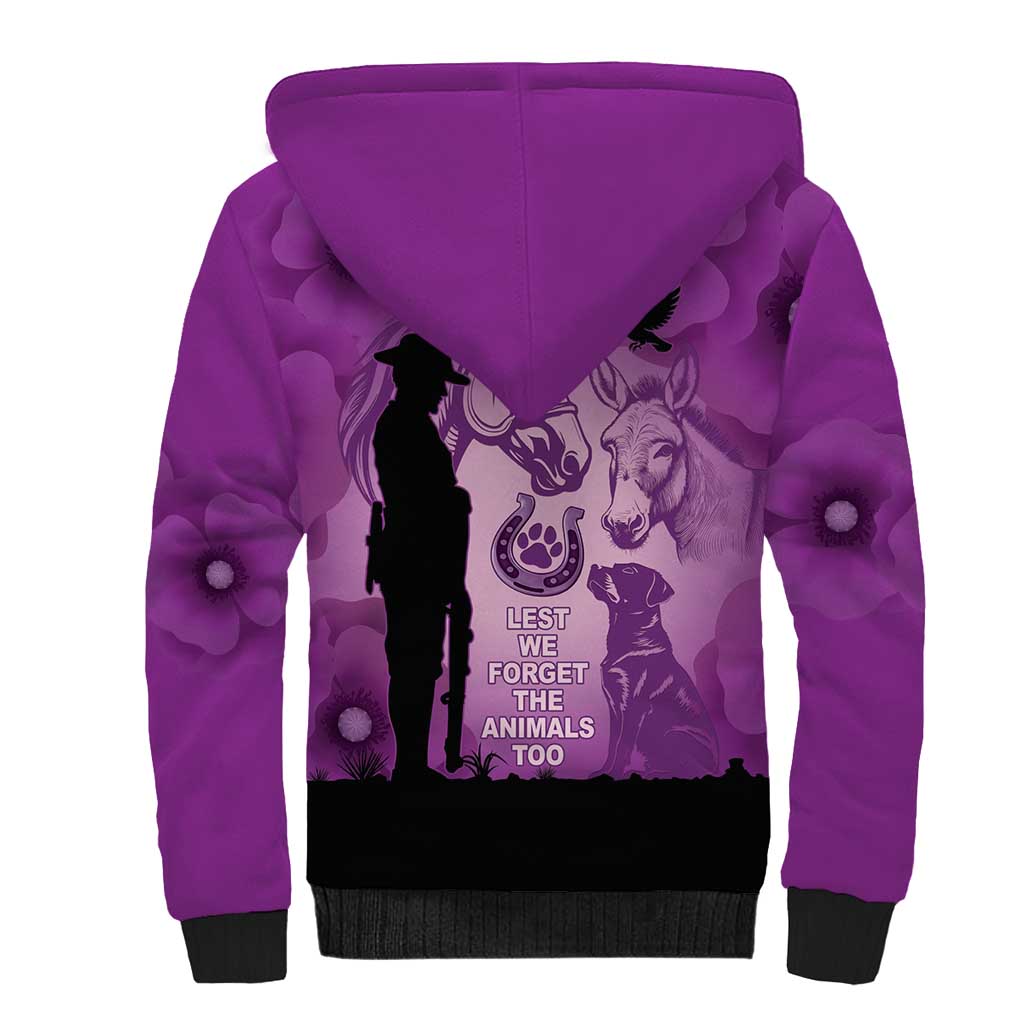 Australia Animals ANZAC Day Sherpa Hoodie Lest We Forget The Animals Too Purple Poppy