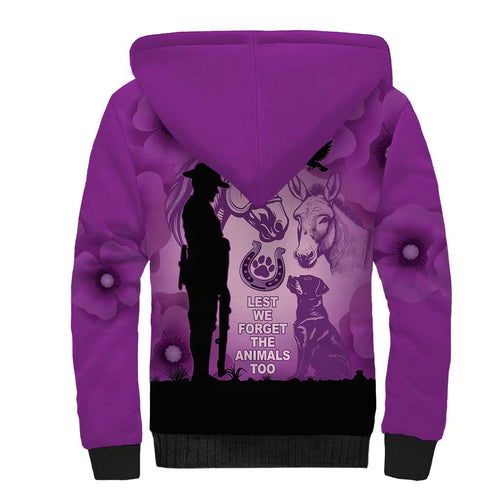 Australia Animals ANZAC Day Sherpa Hoodie Lest We Forget The Animals Too Purple Poppy