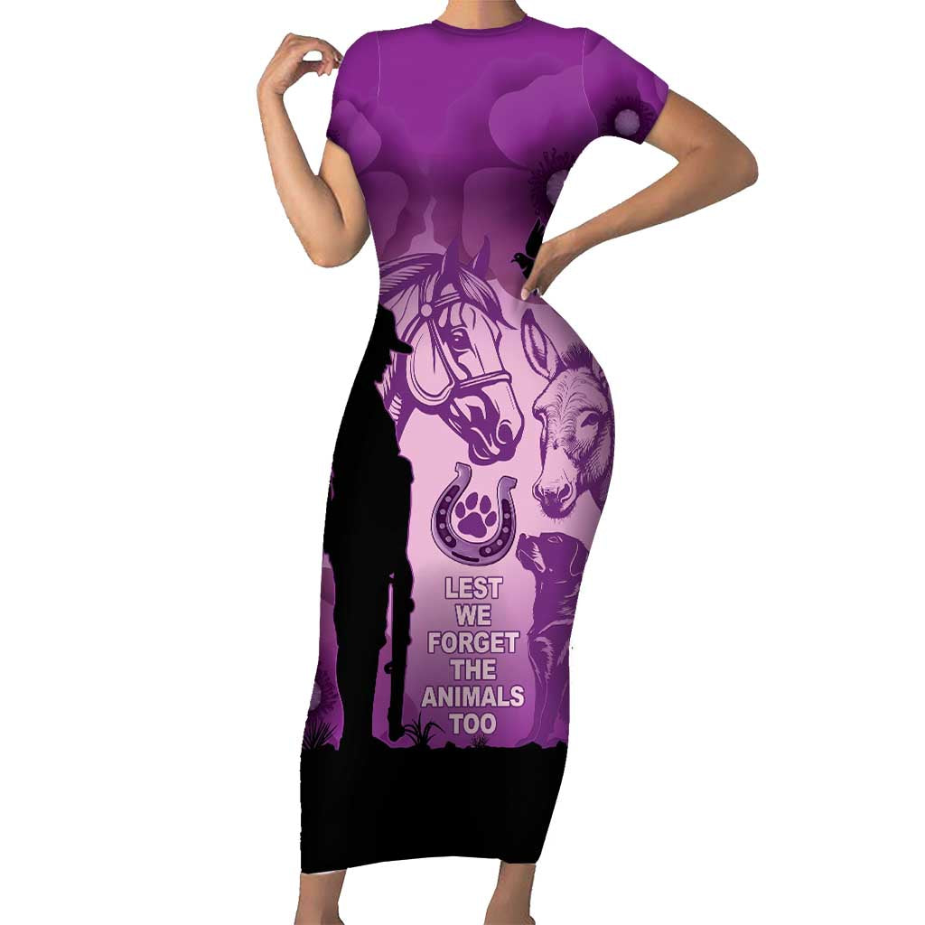 Australia Animals ANZAC Day Short Sleeve Bodycon Dress Lest We Forget The Animals Too Purple Poppy