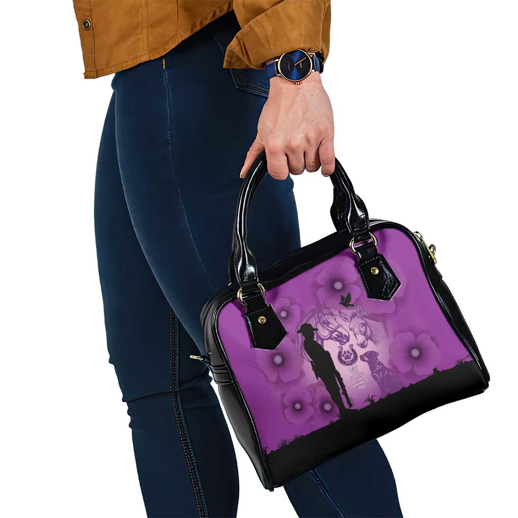 Australia Animals ANZAC Day Shoulder Handbag Lest We Forget The Animals Too Purple Poppy