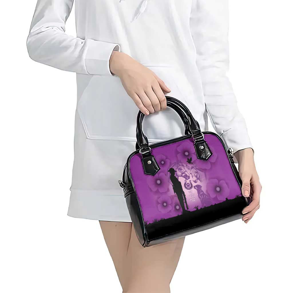 Australia Animals ANZAC Day Shoulder Handbag Lest We Forget The Animals Too Purple Poppy