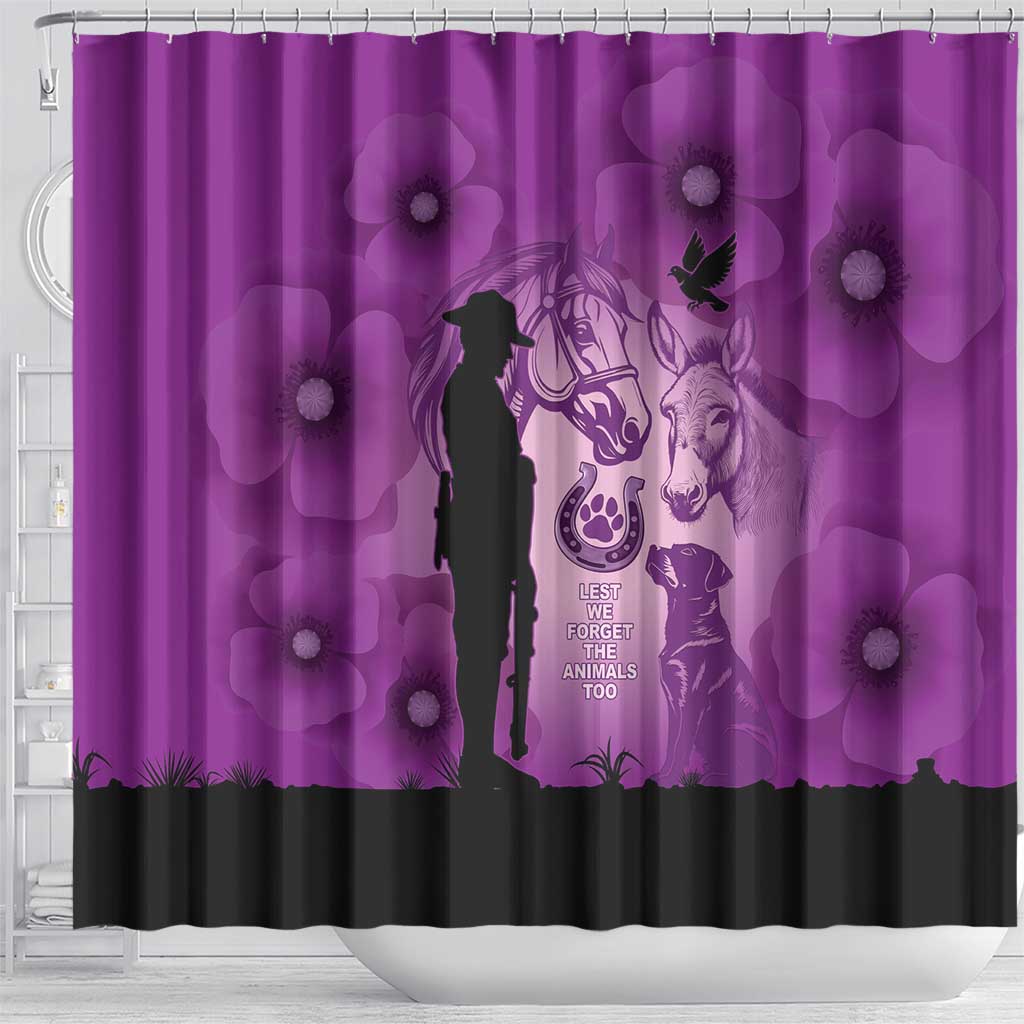 Australia Animals ANZAC Day Shower Curtain Lest We Forget The Animals Too Purple Poppy