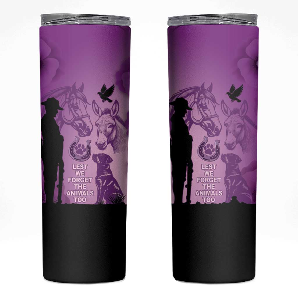 Australia Animals ANZAC Day Skinny Tumbler Lest We Forget The Animals Too Purple Poppy