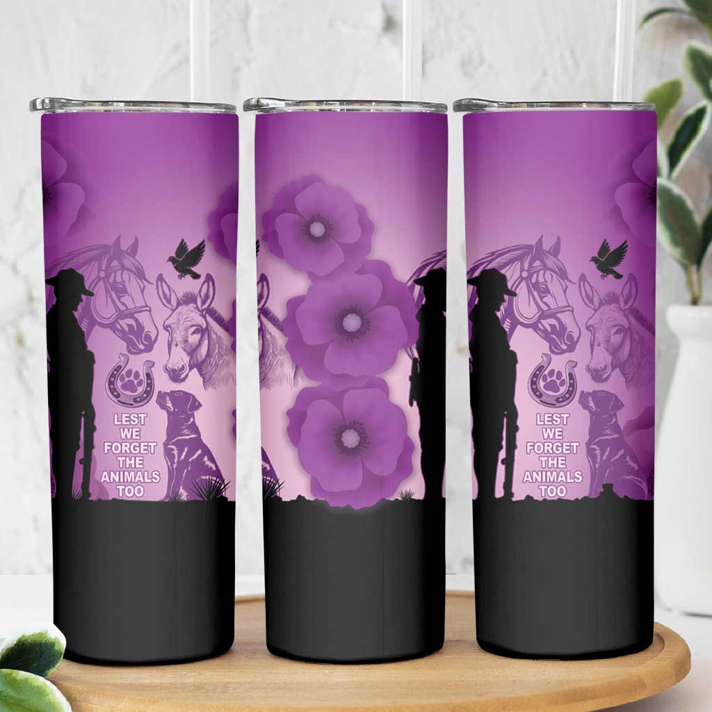 Australia Animals ANZAC Day Skinny Tumbler Lest We Forget The Animals Too Purple Poppy