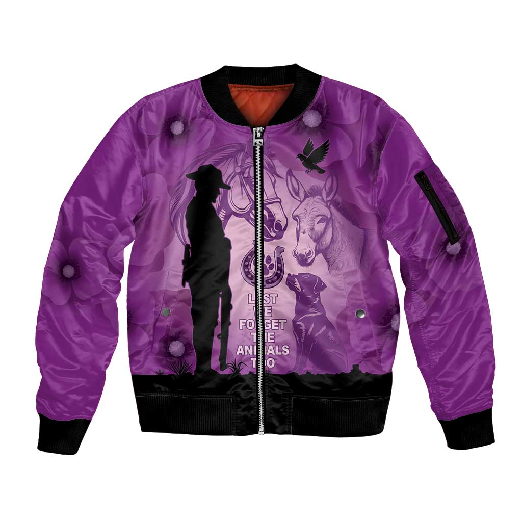 Australia Animals ANZAC Day Sleeve Zip Bomber Jacket Lest We Forget The Animals Too Purple Poppy