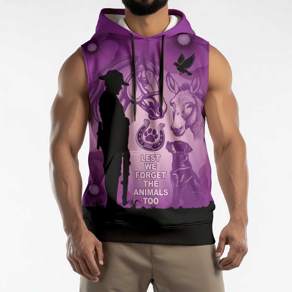 Australia Animals ANZAC Day Sleeveless Hoodie Lest We Forget The Animals Too Purple Poppy