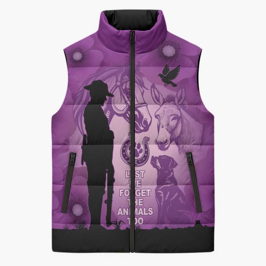 Australia Animals ANZAC Day Sleeveless Puffer Jacket Lest We Forget The Animals Too Purple Poppy