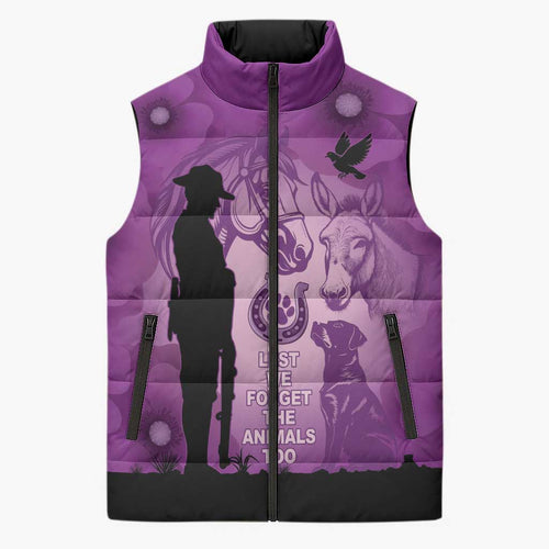Australia Animals ANZAC Day Sleeveless Puffer Jacket Lest We Forget The Animals Too Purple Poppy