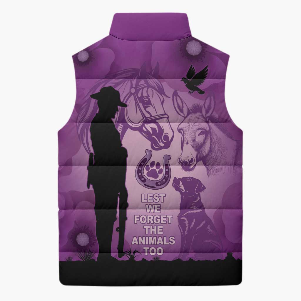 Australia Animals ANZAC Day Sleeveless Puffer Jacket Lest We Forget The Animals Too Purple Poppy
