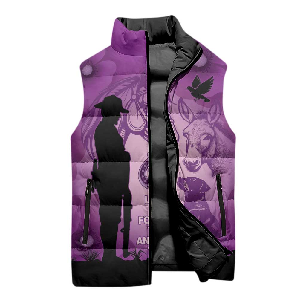 Australia Animals ANZAC Day Sleeveless Puffer Jacket Lest We Forget The Animals Too Purple Poppy