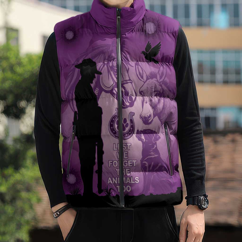 Australia Animals ANZAC Day Sleeveless Puffer Jacket Lest We Forget The Animals Too Purple Poppy