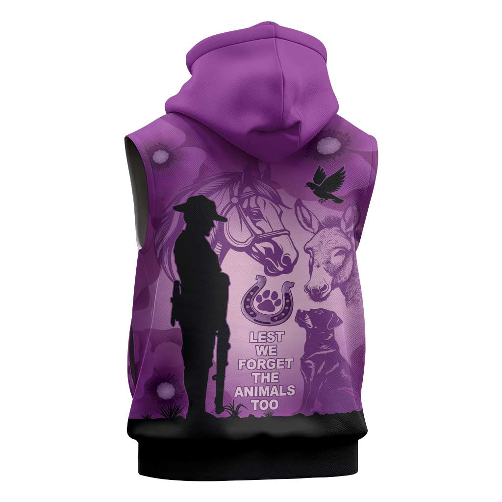 Australia Animals ANZAC Day Sleeveless Zip Hoodie Lest We Forget The Animals Too Purple Poppy