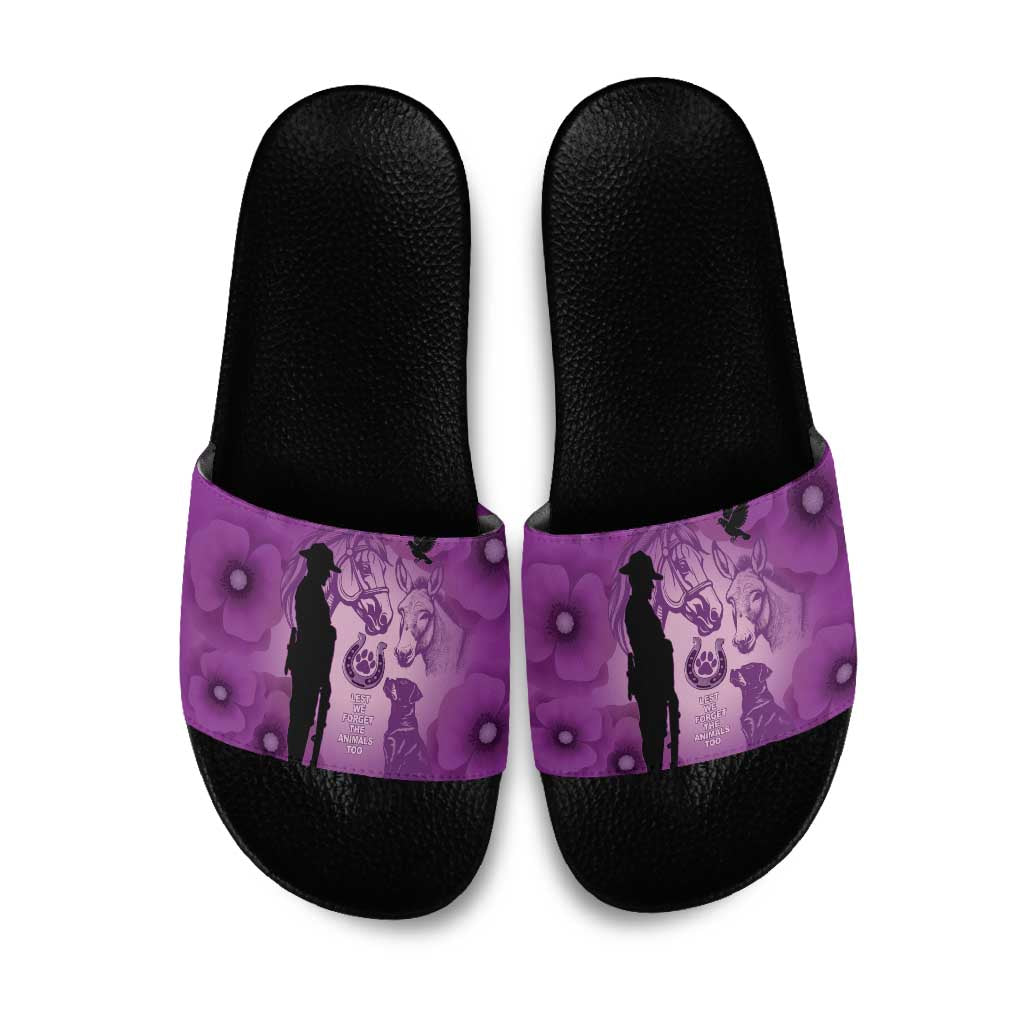 Australia Animals ANZAC Day Slide Sandals Lest We Forget The Animals Too Purple Poppy
