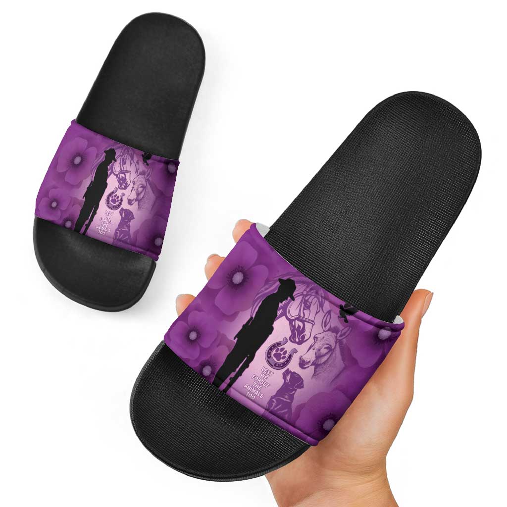 Australia Animals ANZAC Day Slide Sandals Lest We Forget The Animals Too Purple Poppy
