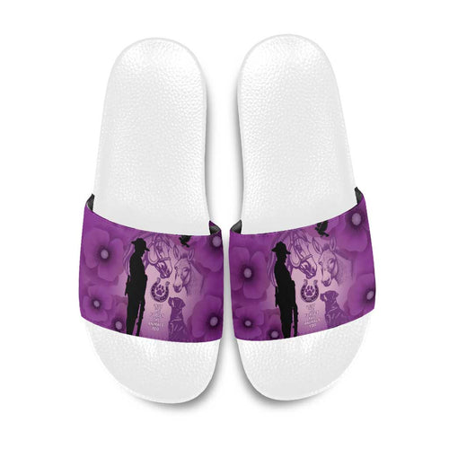 Australia Animals ANZAC Day Slide Sandals Lest We Forget The Animals Too Purple Poppy