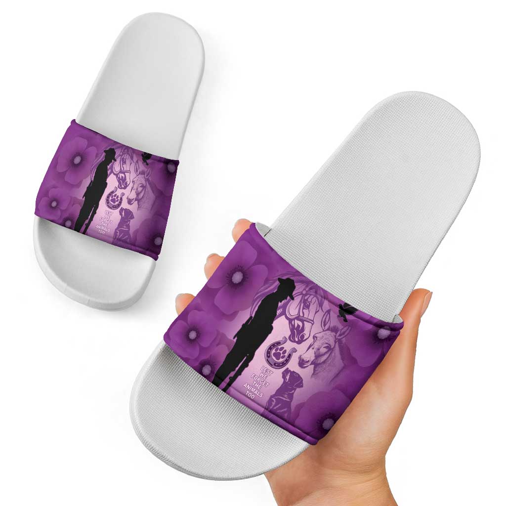 Australia Animals ANZAC Day Slide Sandals Lest We Forget The Animals Too Purple Poppy