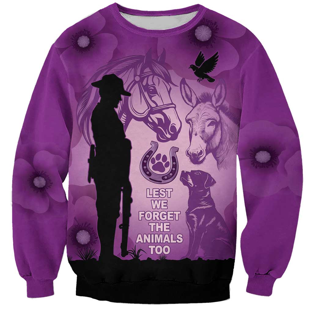 Australia Animals ANZAC Day Sweatshirt Lest We Forget The Animals Too Purple Poppy
