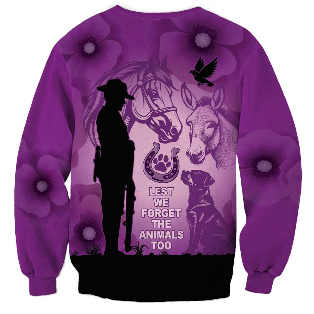 Australia Animals ANZAC Day Sweatshirt Lest We Forget The Animals Too Purple Poppy