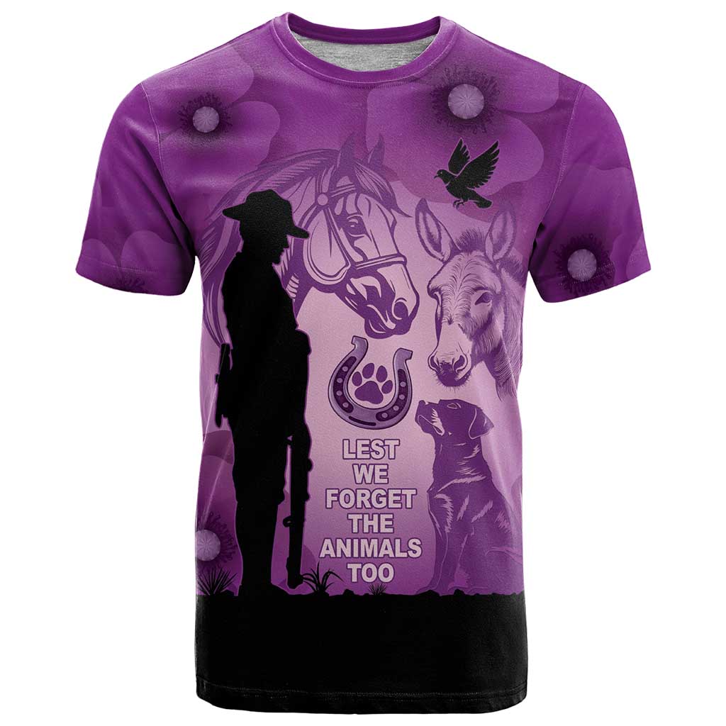 Australia Animals ANZAC Day T Shirt Lest We Forget The Animals Too Purple Poppy