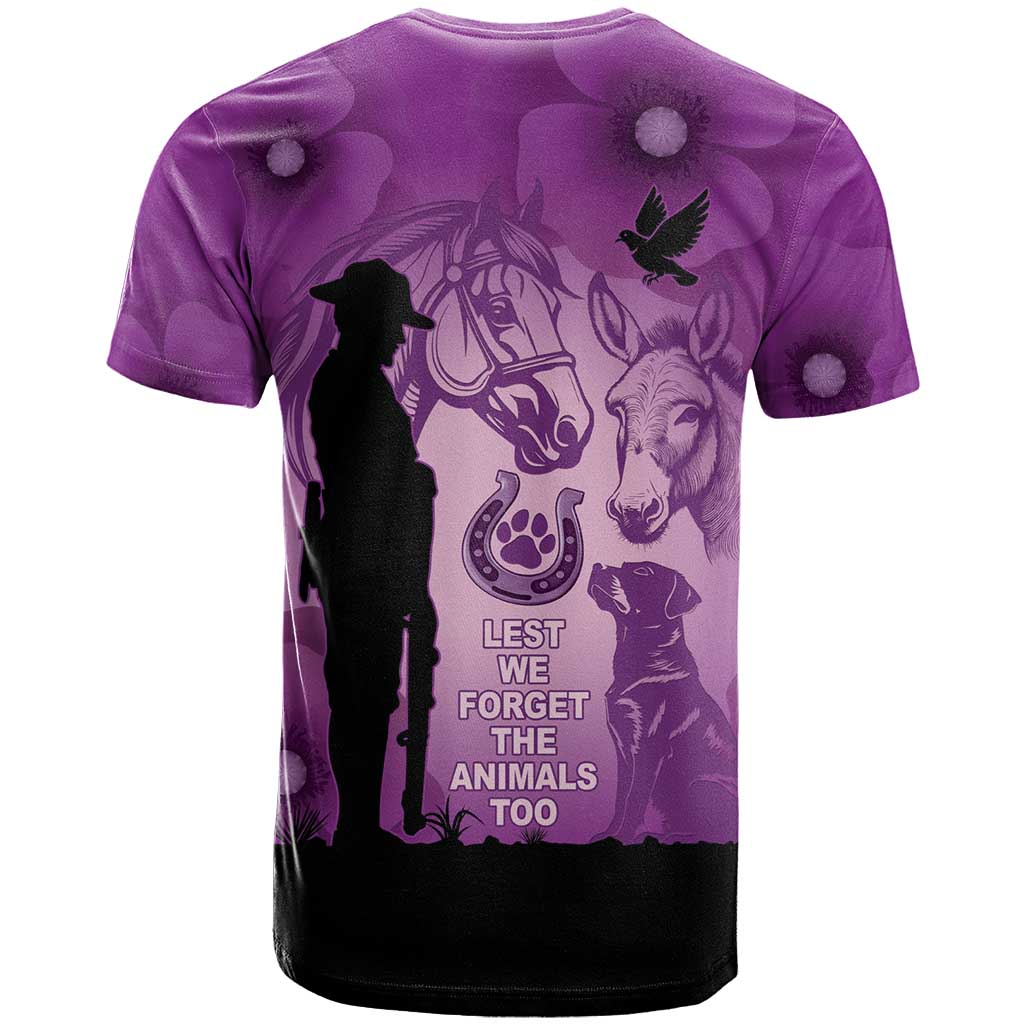 Australia Animals ANZAC Day T Shirt Lest We Forget The Animals Too Purple Poppy