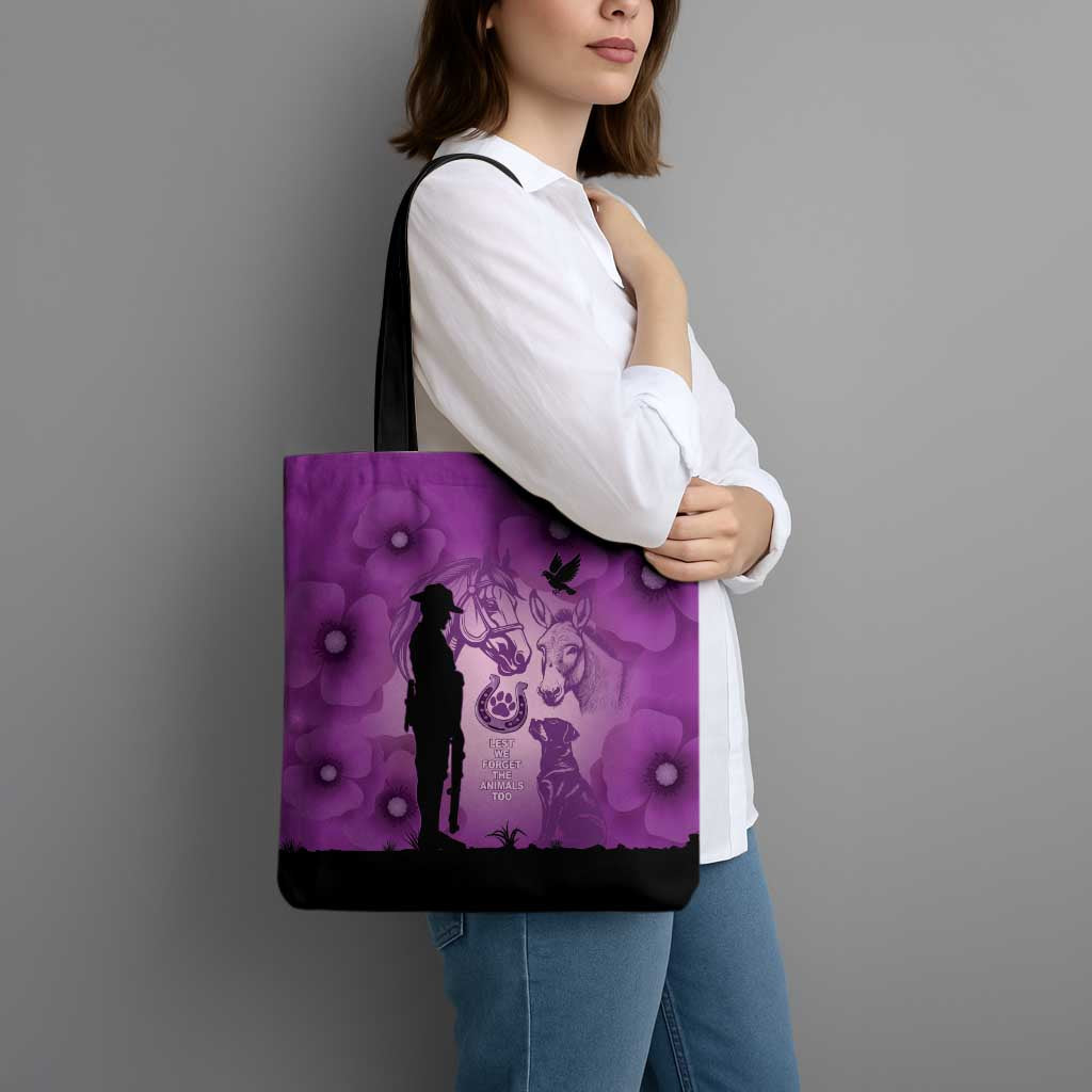 Australia Animals ANZAC Day Tote Bag Lest We Forget The Animals Too Purple Poppy