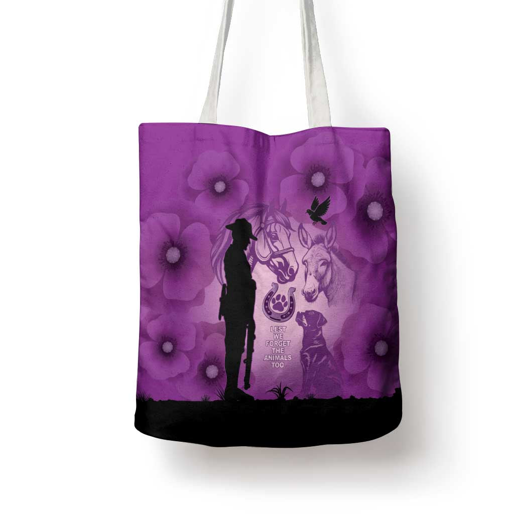 Australia Animals ANZAC Day Tote Bag Lest We Forget The Animals Too Purple Poppy