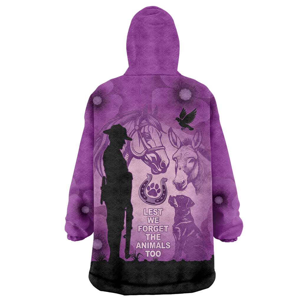Australia Animals ANZAC Day Wearable Blanket Hoodie Lest We Forget The Animals Too Purple Poppy
