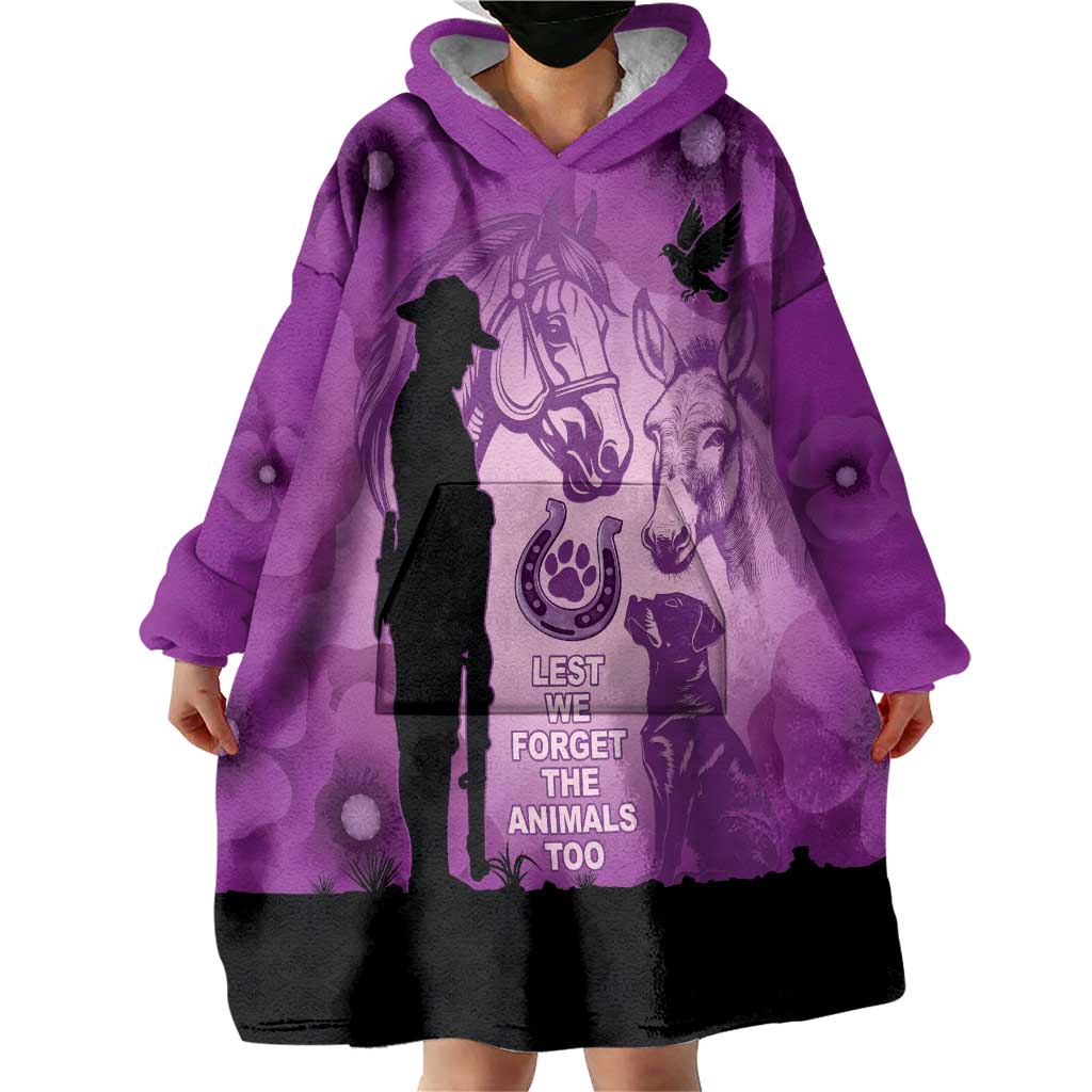 Australia Animals ANZAC Day Wearable Blanket Hoodie Lest We Forget The Animals Too Purple Poppy