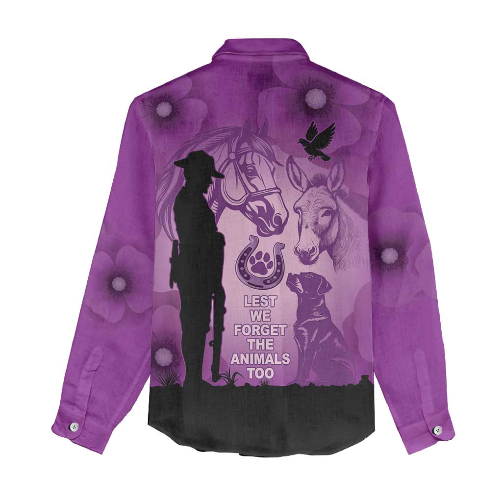 Australia Animals ANZAC Day Women Casual Shirt Lest We Forget The Animals Too Purple Poppy