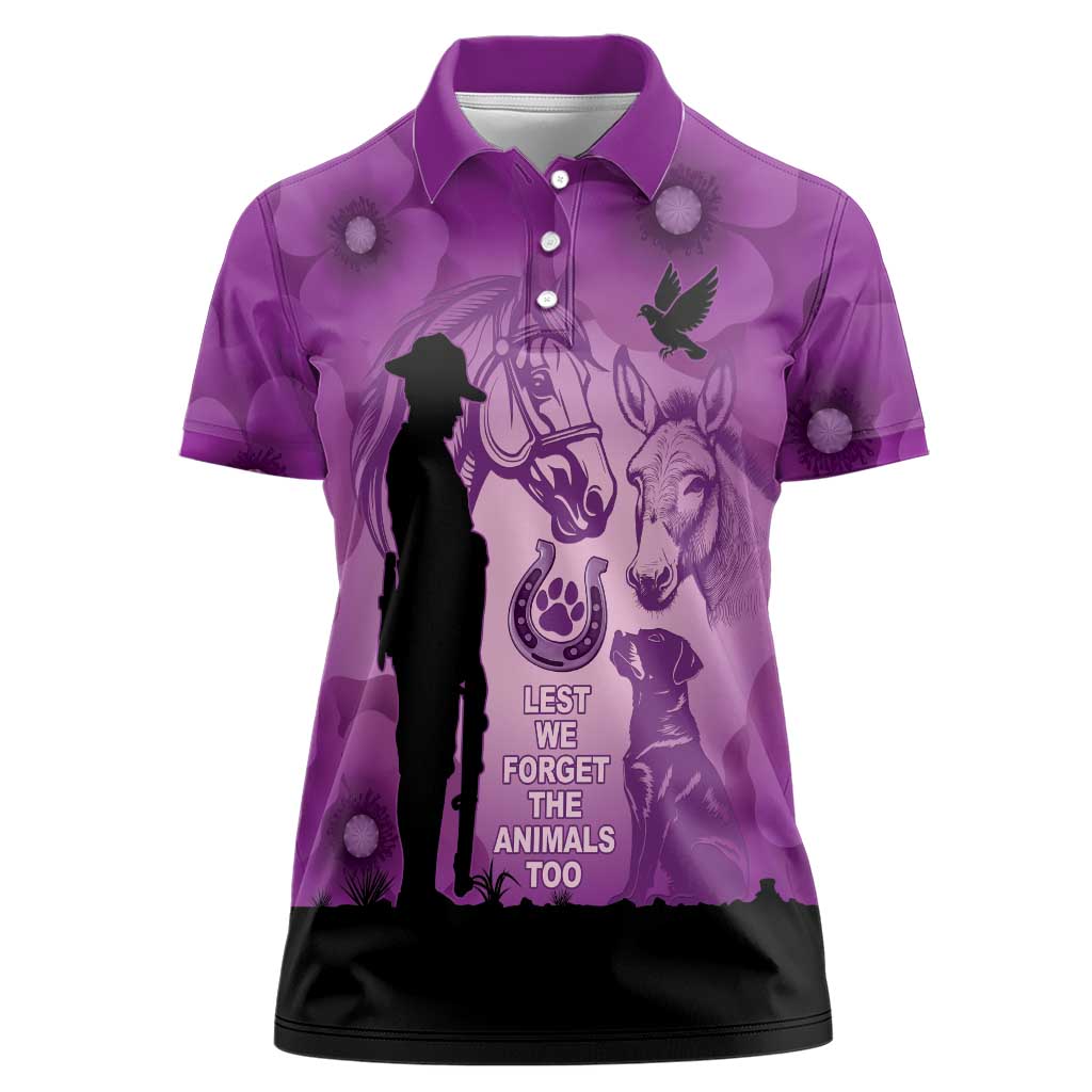Australia Animals ANZAC Day Women Polo Shirt Lest We Forget The Animals Too Purple Poppy