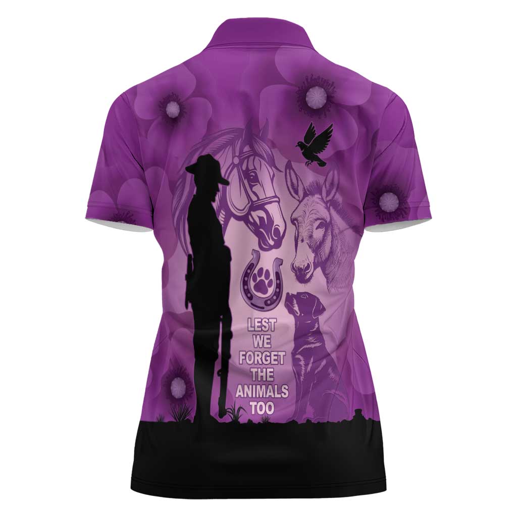 Australia Animals ANZAC Day Women Polo Shirt Lest We Forget The Animals Too Purple Poppy