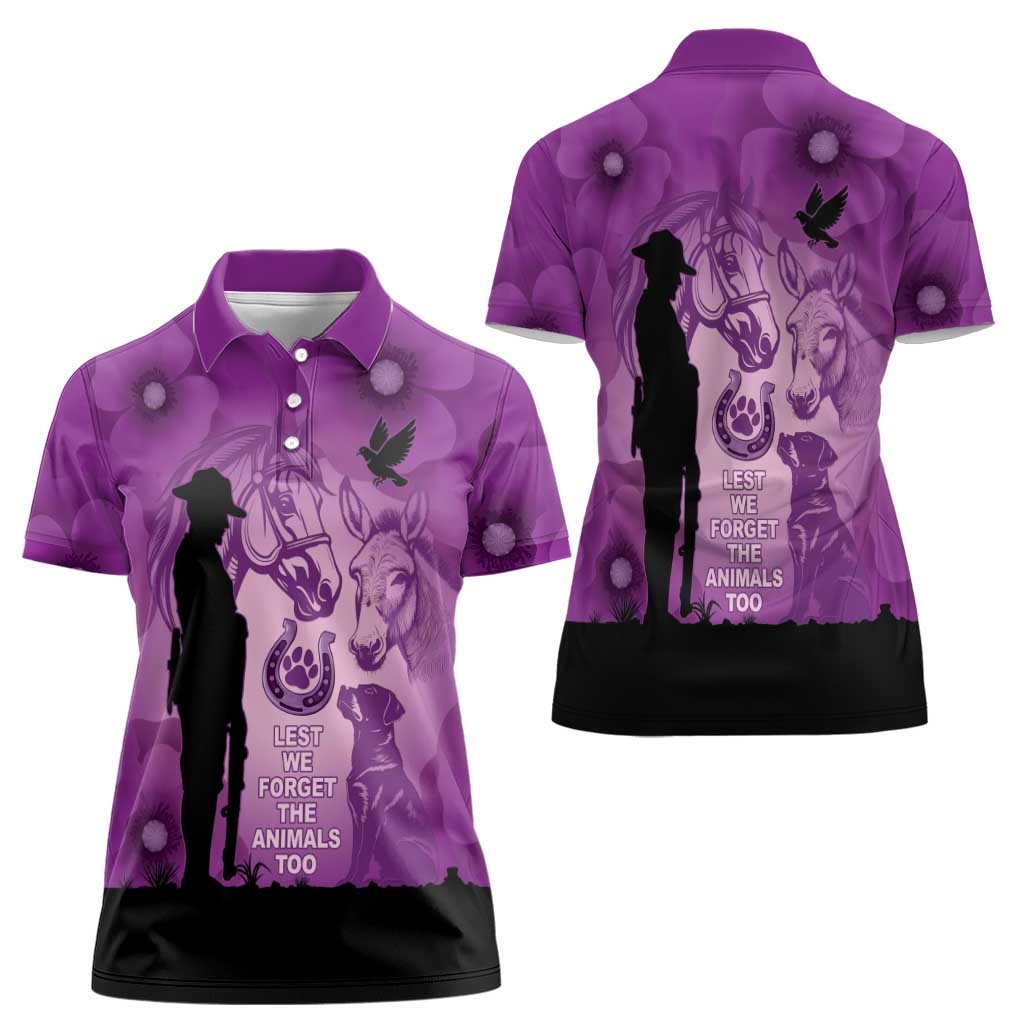 Australia Animals ANZAC Day Women Polo Shirt Lest We Forget The Animals Too Purple Poppy