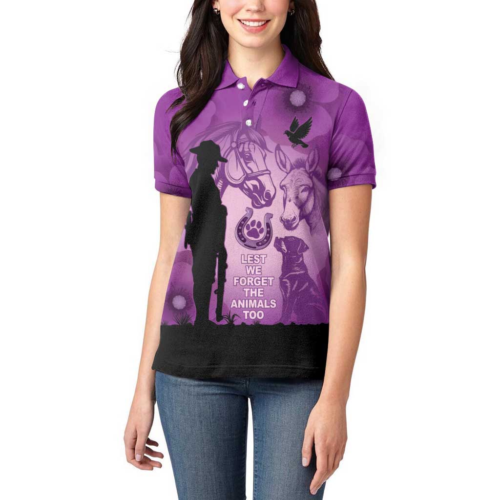 Australia Animals ANZAC Day Women Polo Shirt Lest We Forget The Animals Too Purple Poppy