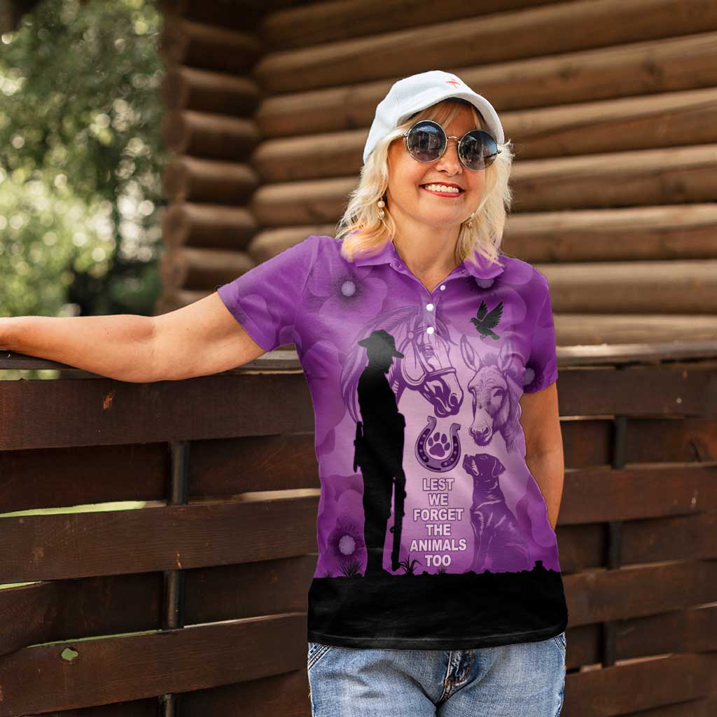 Australia Animals ANZAC Day Women Polo Shirt Lest We Forget The Animals Too Purple Poppy