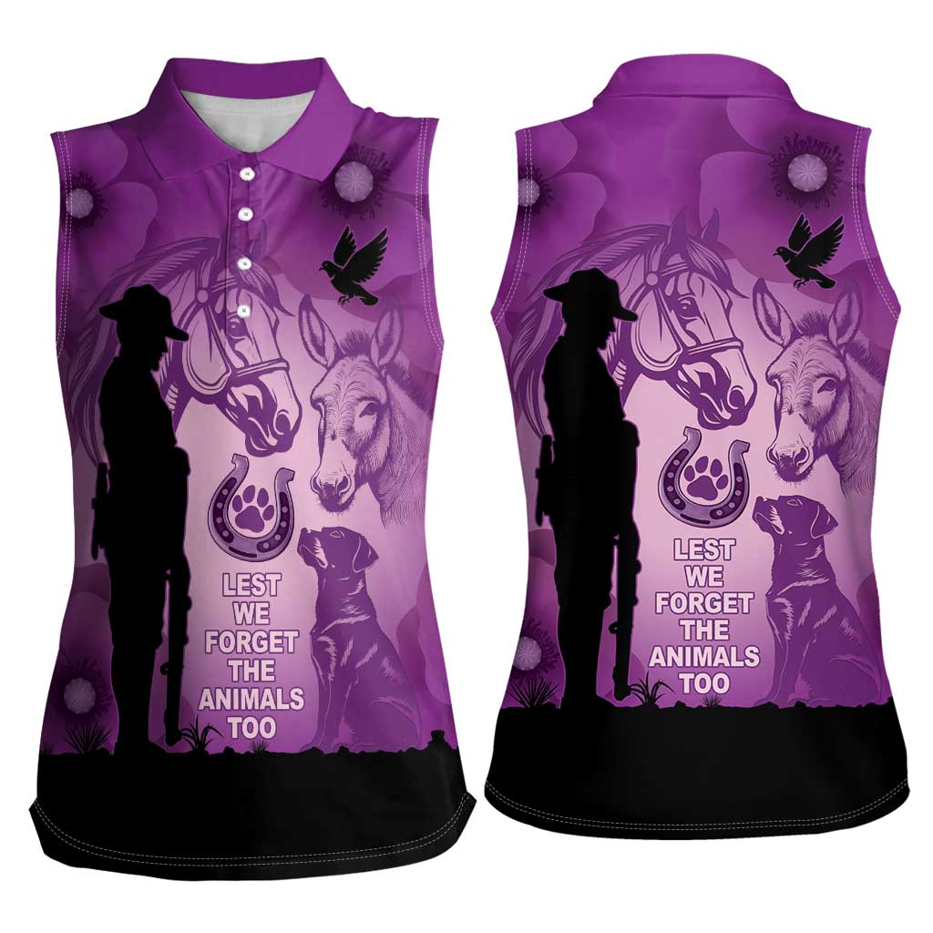 Australia Animals ANZAC Day Women Sleeveless Polo Shirt Lest We Forget The Animals Too Purple Poppy