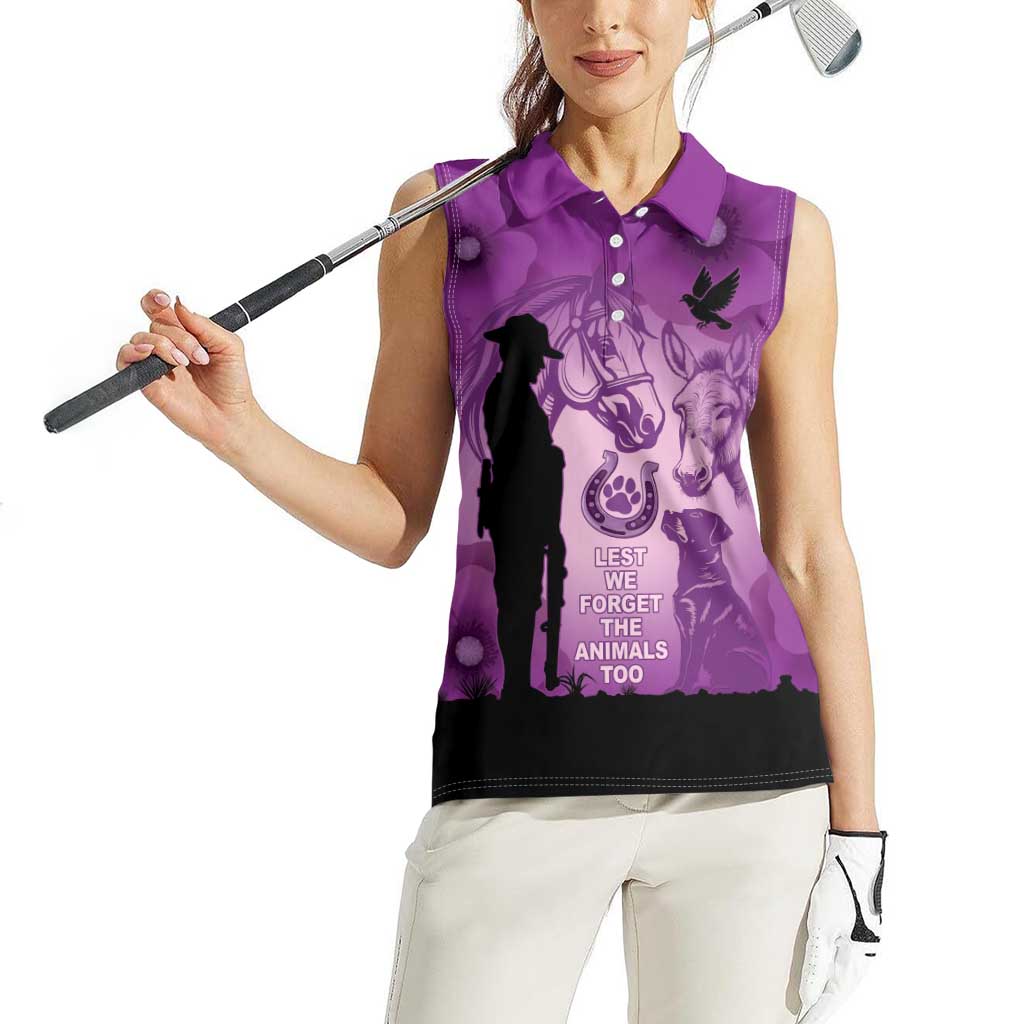 Australia Animals ANZAC Day Women Sleeveless Polo Shirt Lest We Forget The Animals Too Purple Poppy