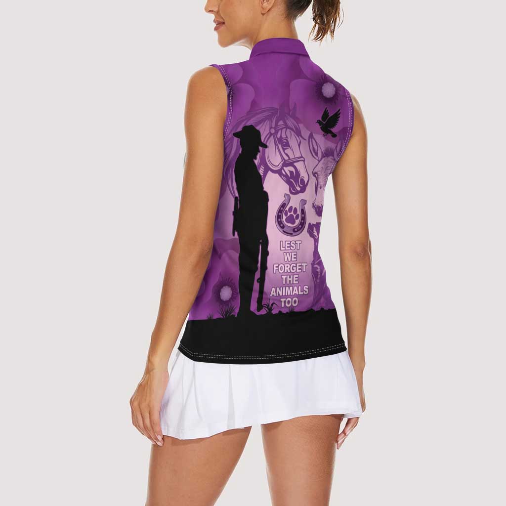 Australia Animals ANZAC Day Women Sleeveless Polo Shirt Lest We Forget The Animals Too Purple Poppy