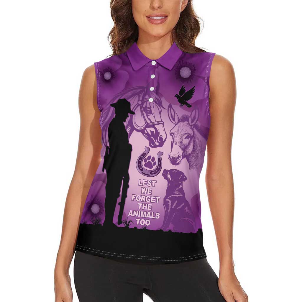 Australia Animals ANZAC Day Women Sleeveless Polo Shirt Lest We Forget The Animals Too Purple Poppy