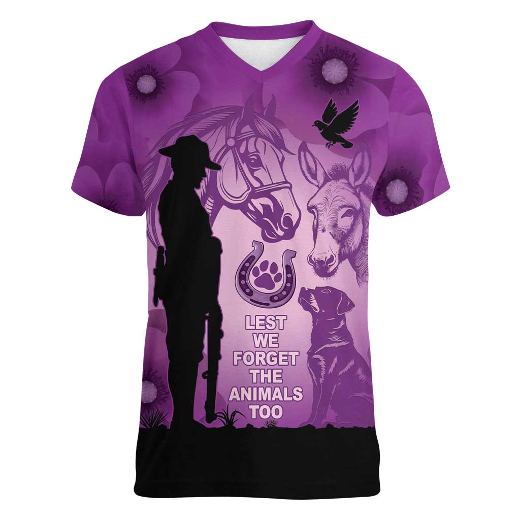 Australia Animals ANZAC Day Women V-Neck T-Shirt Lest We Forget The Animals Too Purple Poppy