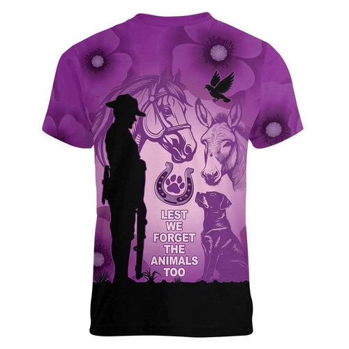 Australia Animals ANZAC Day Women V-Neck T-Shirt Lest We Forget The Animals Too Purple Poppy