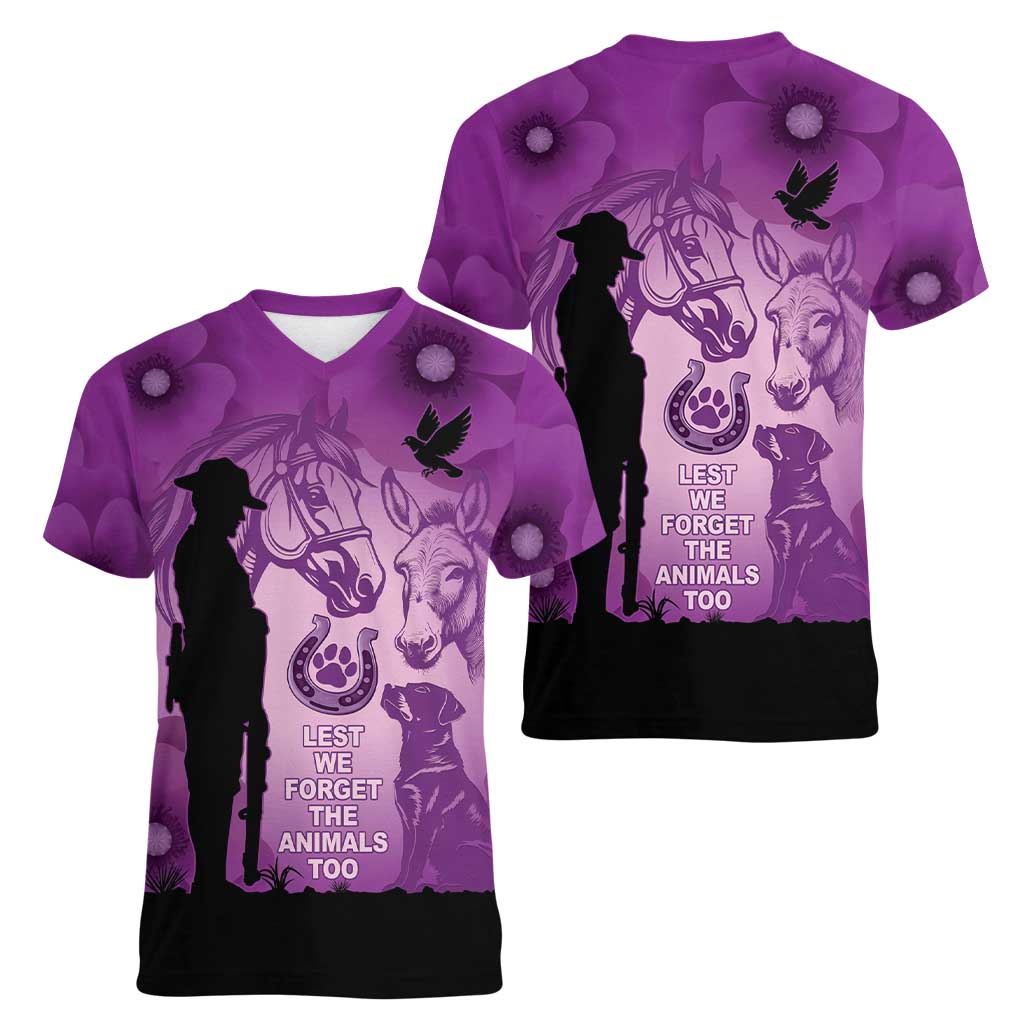 Australia Animals ANZAC Day Women V-Neck T-Shirt Lest We Forget The Animals Too Purple Poppy