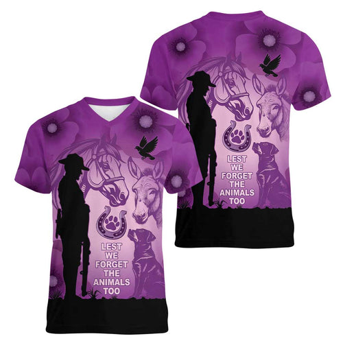 Australia Animals ANZAC Day Women V-Neck T-Shirt Lest We Forget The Animals Too Purple Poppy