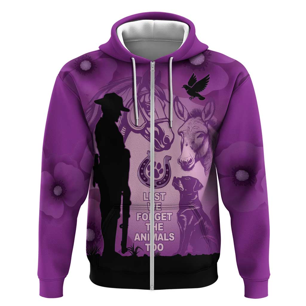 Australia Animals ANZAC Day Zip Hoodie Lest We Forget The Animals Too Purple Poppy