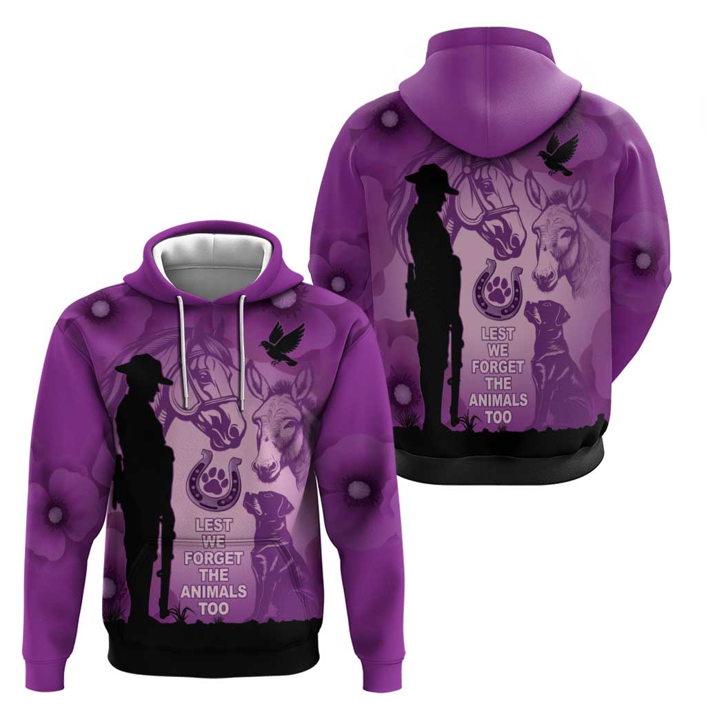 Australia Animals ANZAC Day Zip Hoodie Lest We Forget The Animals Too Purple Poppy