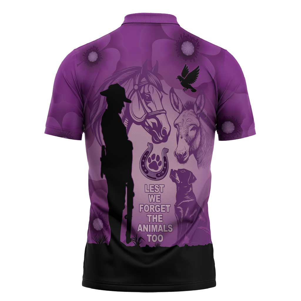 Australia Animals ANZAC Day Zipper Polo Shirt Lest We Forget The Animals Too Purple Poppy