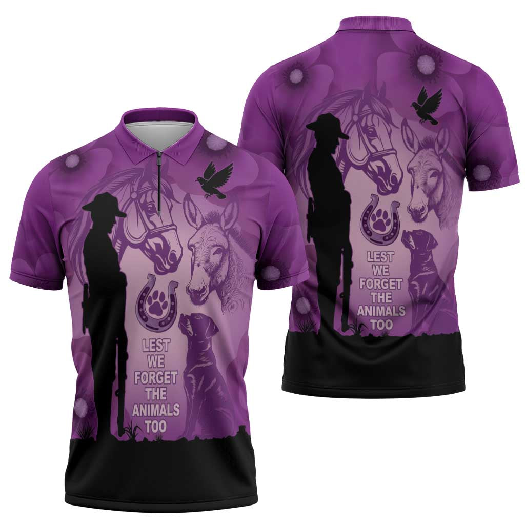Australia Animals ANZAC Day Zipper Polo Shirt Lest We Forget The Animals Too Purple Poppy