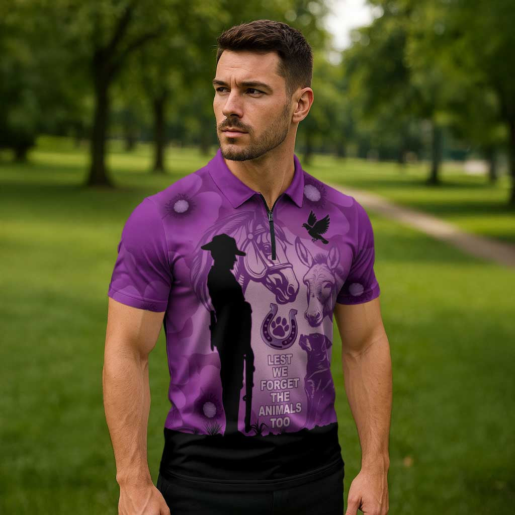 Australia Animals ANZAC Day Zipper Polo Shirt Lest We Forget The Animals Too Purple Poppy