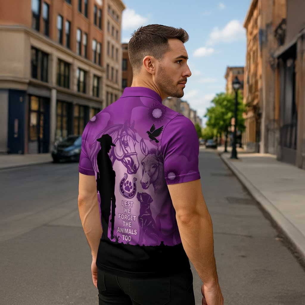 Australia Animals ANZAC Day Zipper Polo Shirt Lest We Forget The Animals Too Purple Poppy